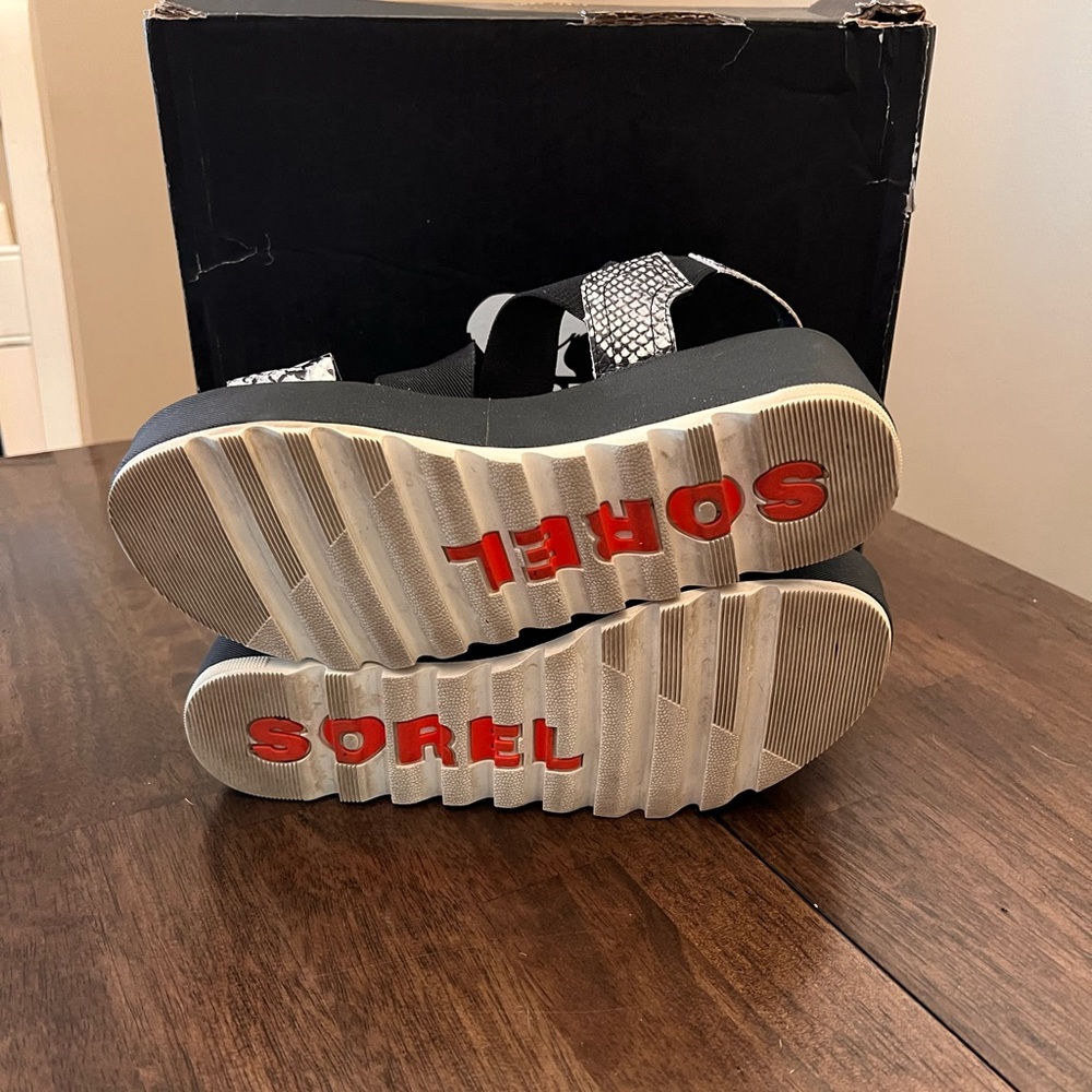 Sorel Black Snakeskin Wedge Sandals - Picture 4 of 7